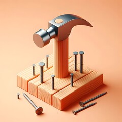 3d illustration of Hammer and nails on wooden plank