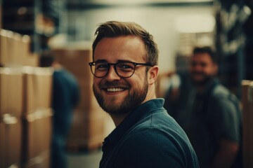Fototapeta premium Smiling portrait of male warehouse workers and managers working in a warehouse