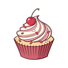 Cherry Topped Pink Frosting Cupcake Vector Illustration
