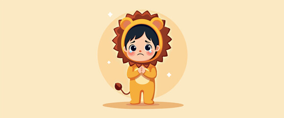 small child in a lion costume is shown crying