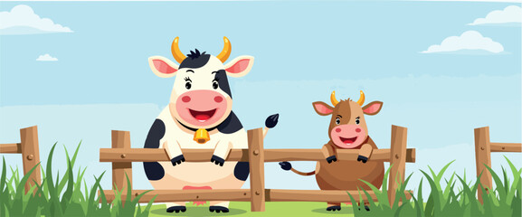 two happy cows playfully peeking over a wooden fence in a sunny pasture