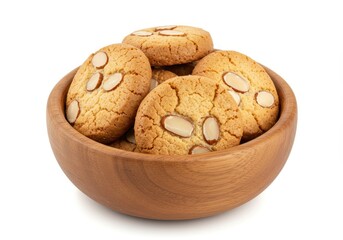 Crunchy almond cookies with cracked surface and almond slices in rustic wooden bowl, isolated on white background