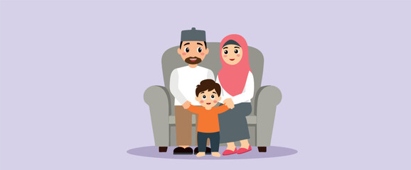 happy muslim family sitting together on armchair