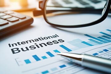 Fototapeta premium Trade and globalization boost economic growth concept. Business documents with graphs and a pen, representing international business concepts.