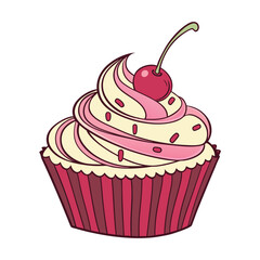 Cherry Topped Pink Frosting Cupcake Vector Illustration