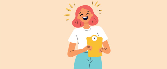 joyful young woman with pink hair happily displays a weight scale radiating success and well-being.