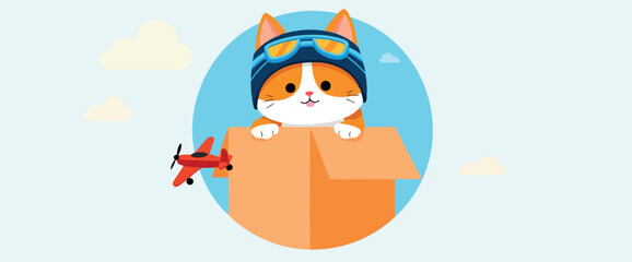 Naklejka premium playful tabby cat in a box with toy airplane