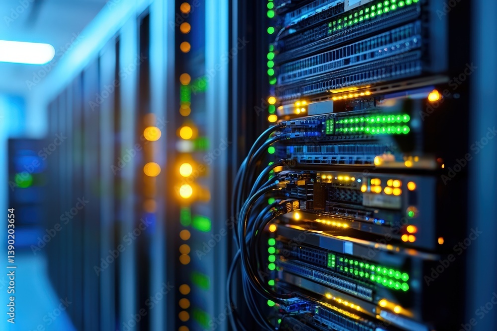 Poster illuminated server rack with green and blue lights in a data center