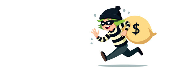 mischievous cartoon thief in a striped shirt sprints away carrying a large bag of money