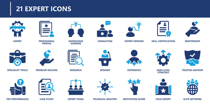 Expert icons pack in solid style representing consulting, certification, mentorship, performance, strategy, technical skills, and reputation score.