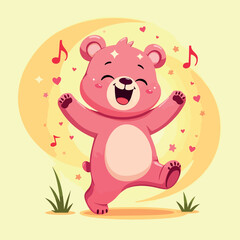joyful pink bear dancing with musical notes and hearts