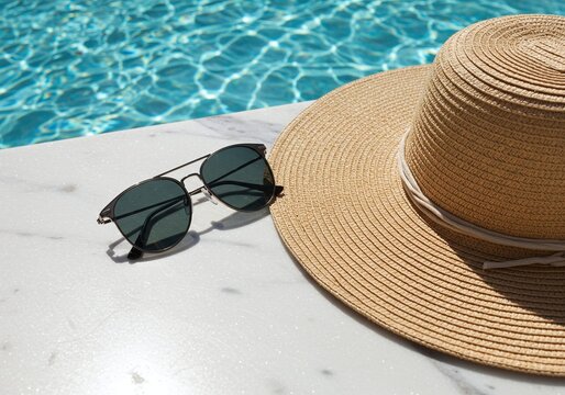 Summer relaxation scene with hat, sunglasses, and pool water in the background. The combination suggests a day of leisure and enjoyment