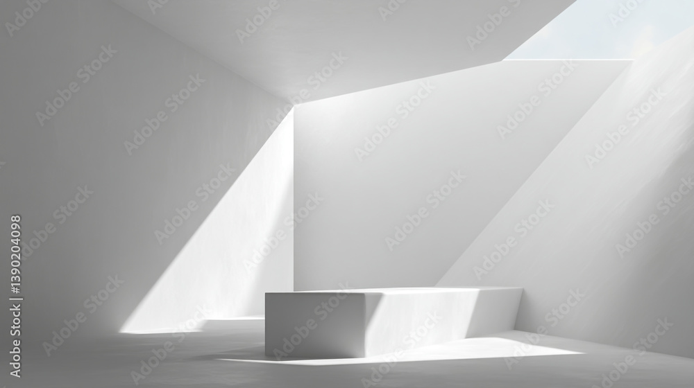 Poster minimalist white room with platform and geometric light patterns creating a modern atmosphere