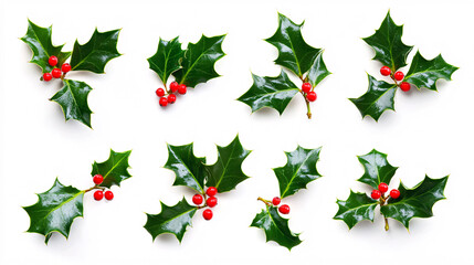 Festive collection of green holly leaves and red berries isolated