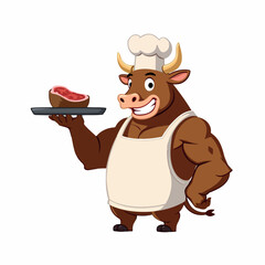 smiling cartoon bull chef presenting a steak
