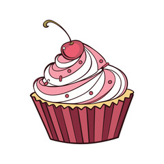 Cherry Topped Pink Frosting Cupcake Vector Illustration