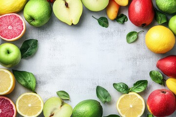 Colorful fruit arrangement on a light gray surface