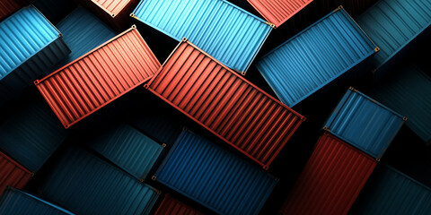Close up of cargo containers stacked in disarray, showcasing vibrant red and blue colors. chaotic arrangement creates striking visual impact, evoking sense of industrial complexity