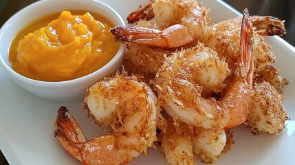 Coconut shrimp with a crunchy coating served with a side of mango chutney.
