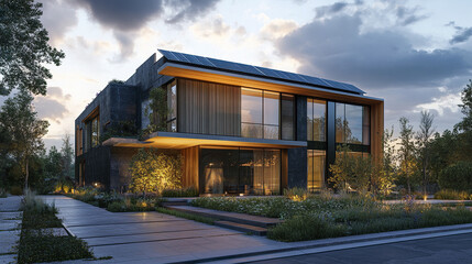 Fototapeta premium Modern eco house with solar panels and recycled materials at sunset