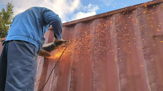 A worker cuts a shipping container with a metal saw.