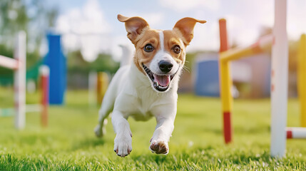 Energetic Jack Russell Terrier mid-jump on an outdoor agility course, full of excitement