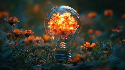 Glowing flowers inside a lightbulb in a field at dusk.