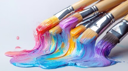 Fototapeta premium Colorful paint dripping from paintbrushes.