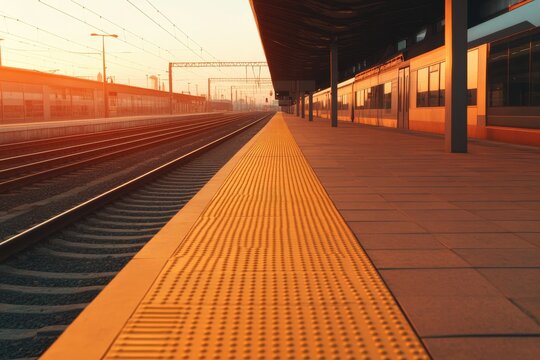 Warm sunlight casts golden hue on train station platform, highli