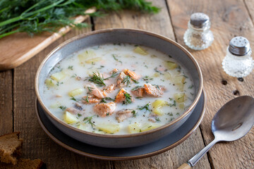 Finnish fish soup with trout, selective focus
