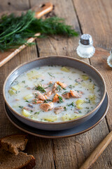 Finnish fish soup with trout, selective focus