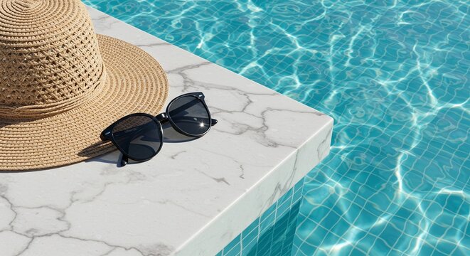 A straw hat and sunglasses rest near a shimmering blue pool, evoking relaxation and summer. The sunglasses and hat are on a beautiful white stone and by a cool-looking pool