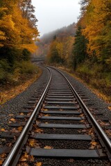 Winding railway track surrounded by vibrant autumn foliage creat