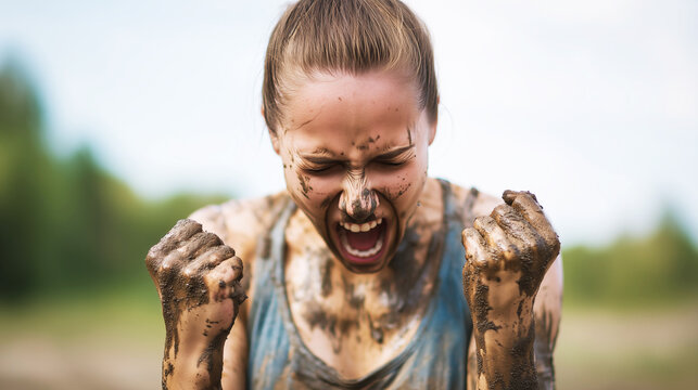 Woman covered in mud celebrating victory at obstacle course race. Female athlete screaming for joy with clenched fists.