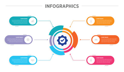 Business Colorful Infographics template. 6 steps rounded timeline with options and marketing icons .Vector rounded infographic with six circle connected elements. Design can be use for presentation.