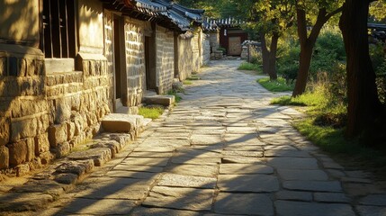 Morning light casting shadows across a stone path in Bukchon Hanok Village.
