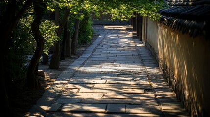 Obraz premium Morning light casting shadows across a stone path in Bukchon Hanok Village.