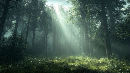 Fototapeta premium Serene Sunlight Filtering Through Lush Forest Trees in Early Morning