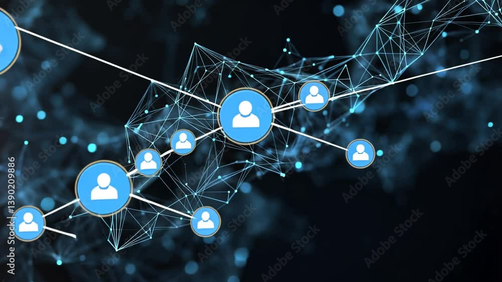 Poster network visualization showing connections between users in blue tones generative ai