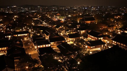 Obraz premium Night view of Bukchon Village lit by warm lights, highlighting hanok charm.