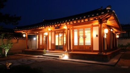 Fototapeta premium Night view of Bukchon Village lit by warm lights, highlighting hanok charm.