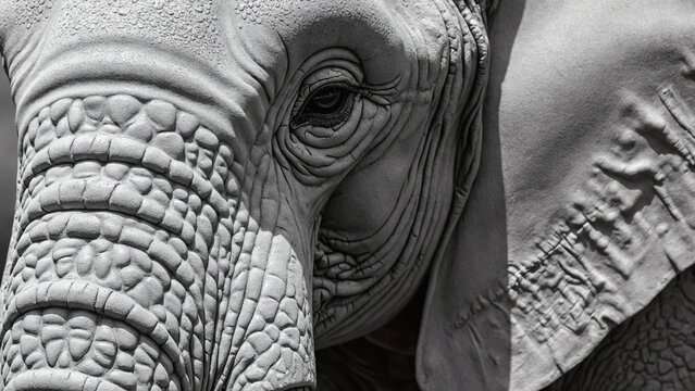 Textured Close-Up of Elephant Trunk Highlighting Unique Skin Patterns and Natural Details in Black and White Photography - Powered by Adobe