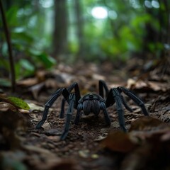Large tarantula spider crawls across a forest floor close up shot.