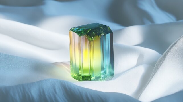 One glowing tourmaline stone in multicolor gradient, placed on white satin.