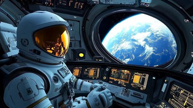 Astronaut in space station cockpit looking at Earth through window with control panels and planet view outside