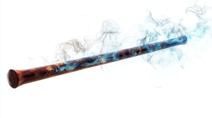 A decorated wooden instrument emitting wisps of colorful smoke