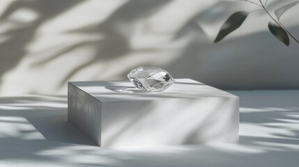 One unique gemstone placed in center of minimalist scene, surrounded by soft shadows.