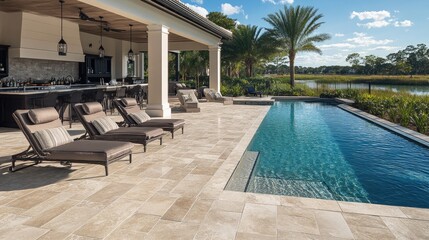 Fototapeta premium Luxurious poolside patio with elegant lounge chairs and scenic water view, perfect for relaxation and outdoor living