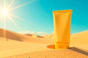 A tube of yellow cream on the sand in a hot desert