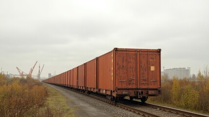 Fototapeta premium Long line of rust-colored freight cars stretches along empty rai